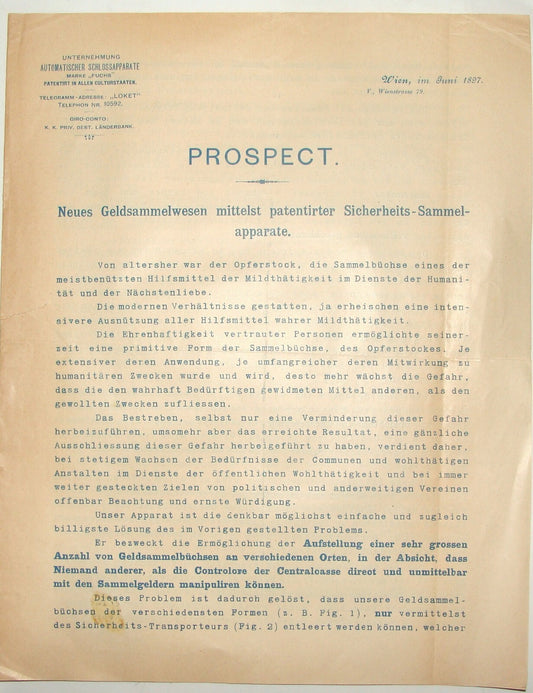 Antique 1897 Austria Wien Money Safe Finance Bank Company FUCHS Brochure Ad