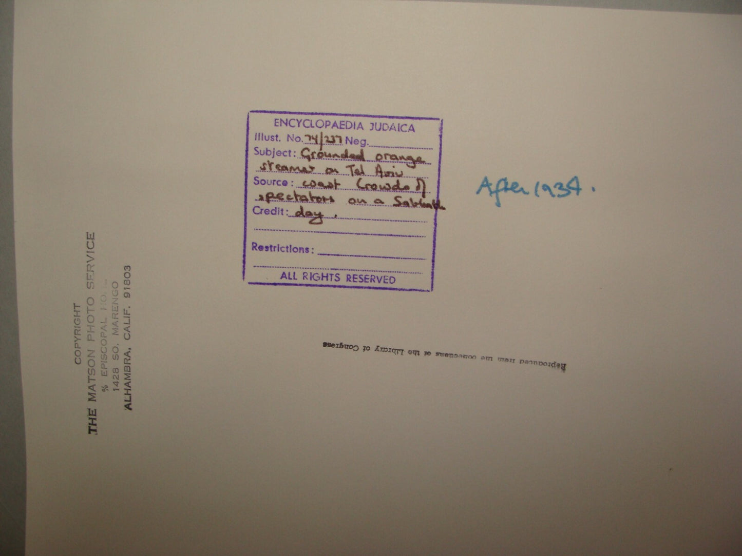 Photo Print, Jewish c.1937 Palestine Israel Tel Aviv Beach Houses Ship Fruits