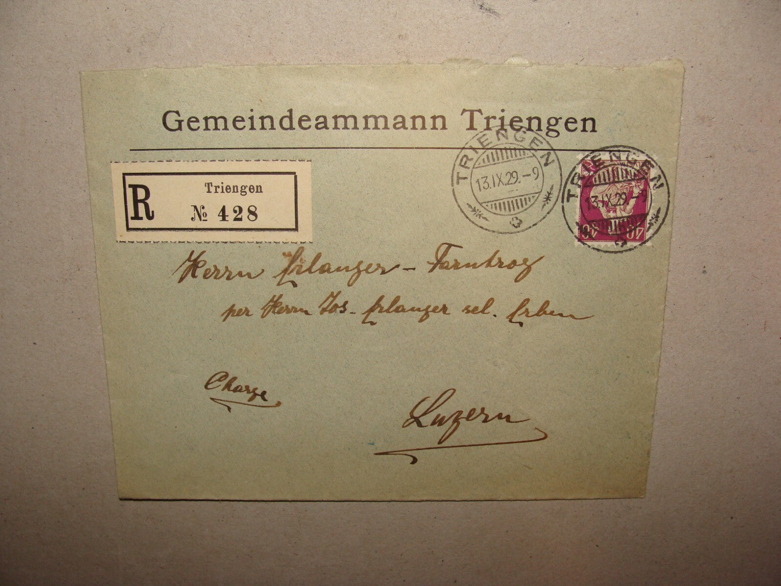 1929 Gemeindeammann Triengen Switzerland Luzern Cover Stamp