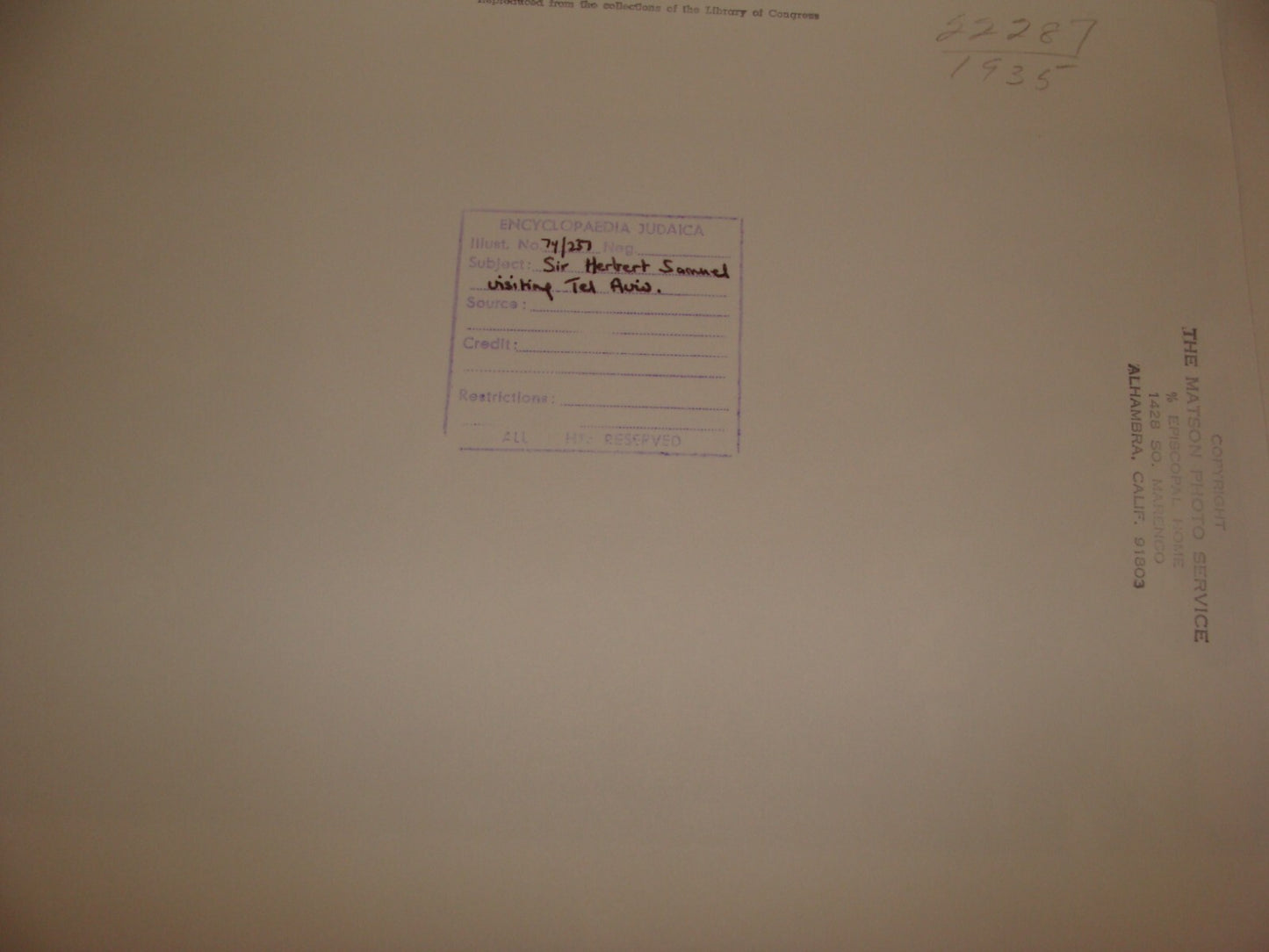 Photo Print Palestine MATSON , 1920 Israel British Herbert Samuel Visit TEL AVIV