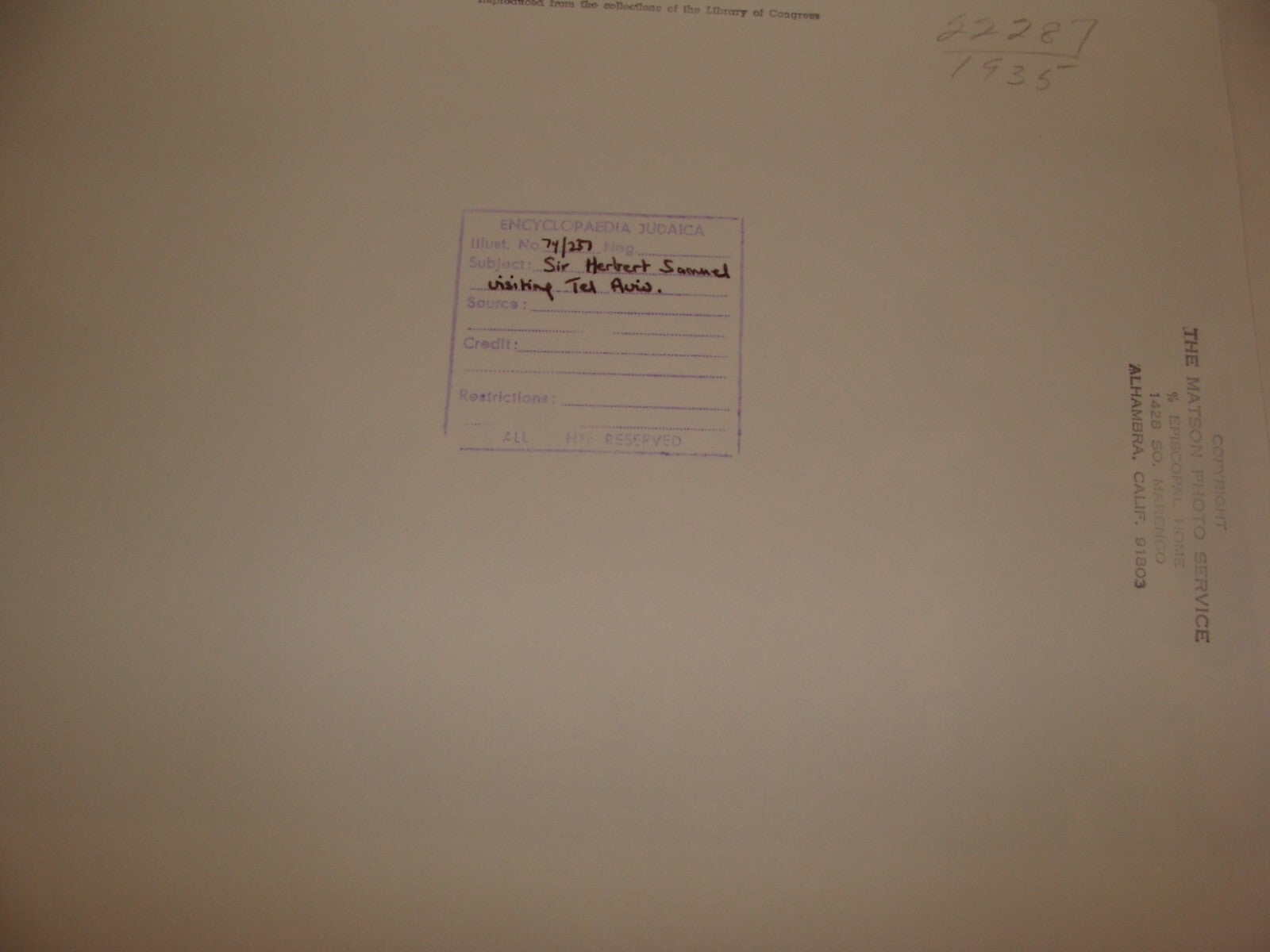 Photo Print Palestine MATSON , 1920 Israel British Herbert Samuel Visit TEL AVIV