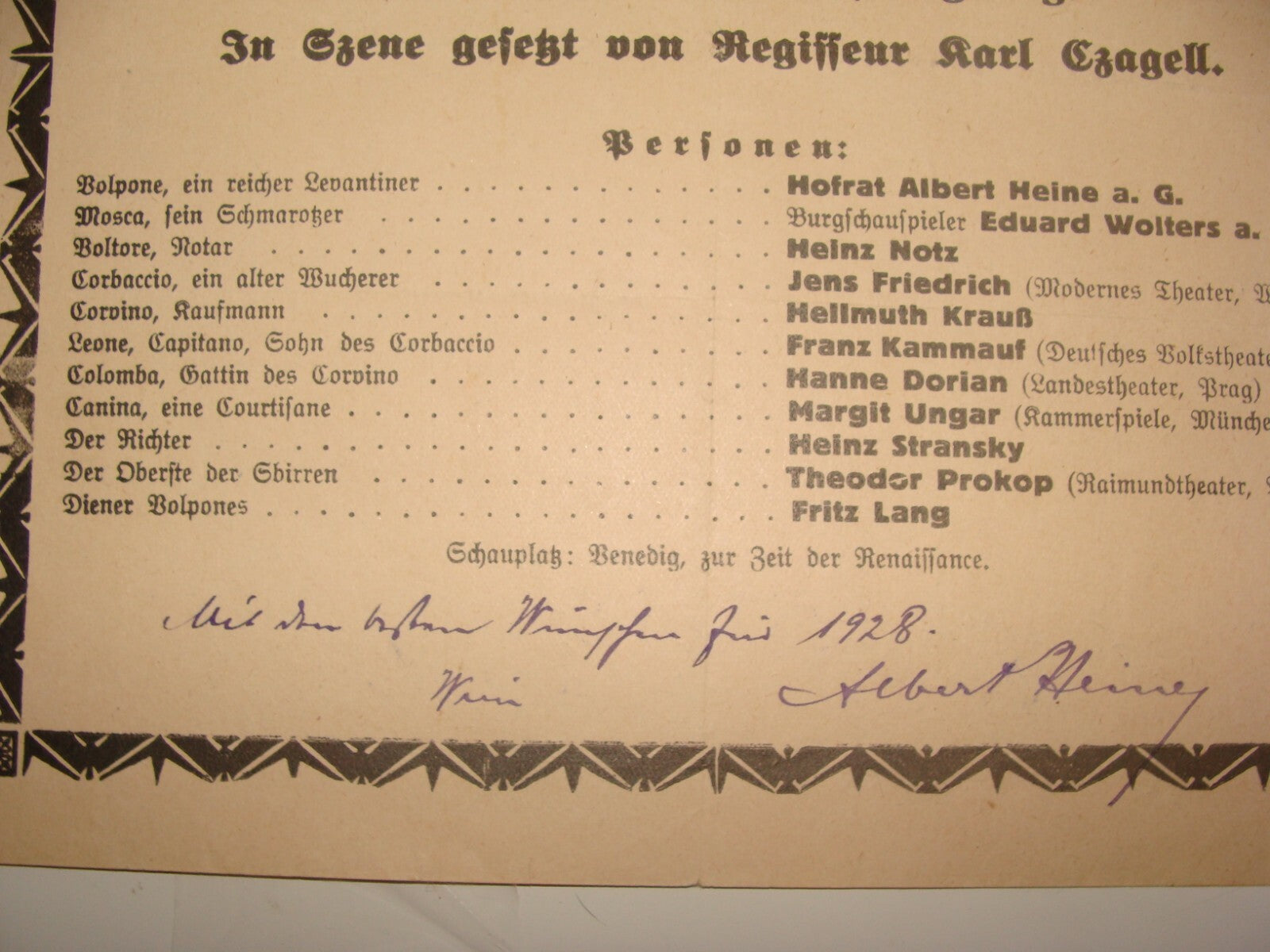 Ad Jewish 1928 ALBERT HEINE German Theater Film Actor SIGNED AUTOGRAPH Volpone