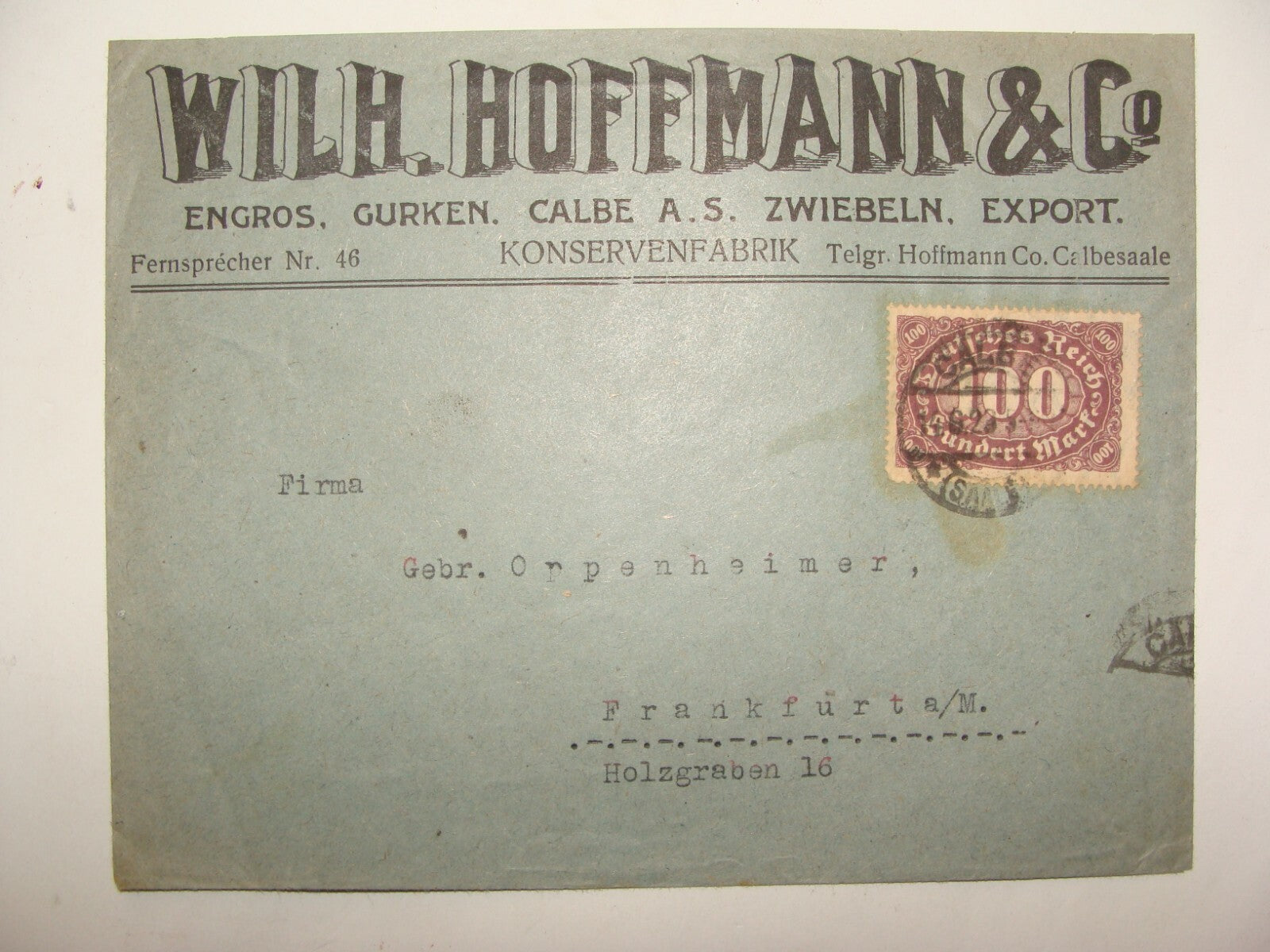 Stamp Jewish Judaica HOFFMANN Cover Food Vegetable Factory Company 1923