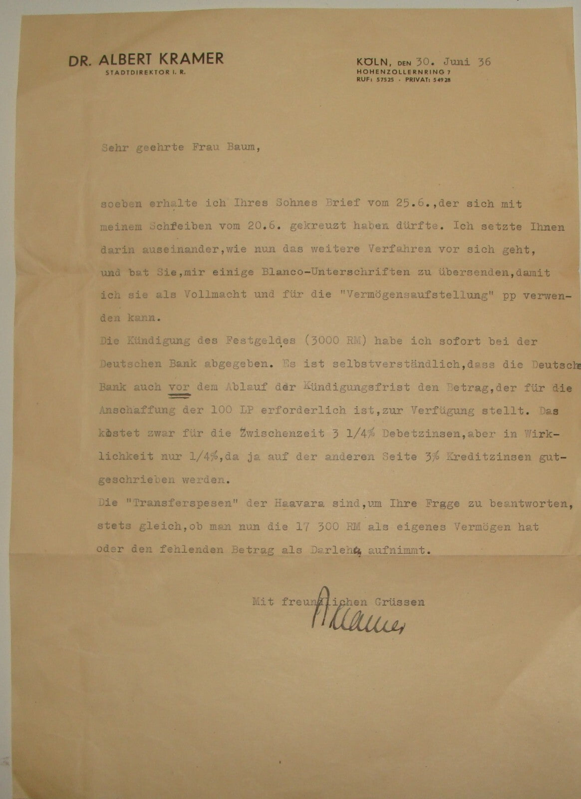 Germany Letter Jewish RARE Judaica German   Koln Dr. Albert Kramer Signed