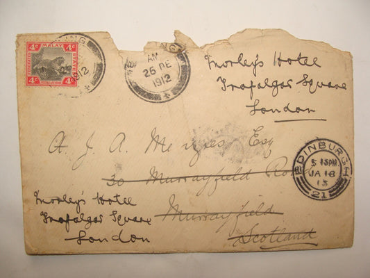 1912 Malay Penang To Britain Scotland Stamp Cover Edinburgh Murrayfield London