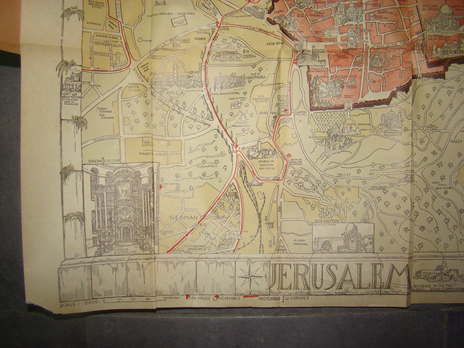 RARE Jewish Palestine Eretz Israel Jerusalem Guide Map Syrian Orphanage 1940's