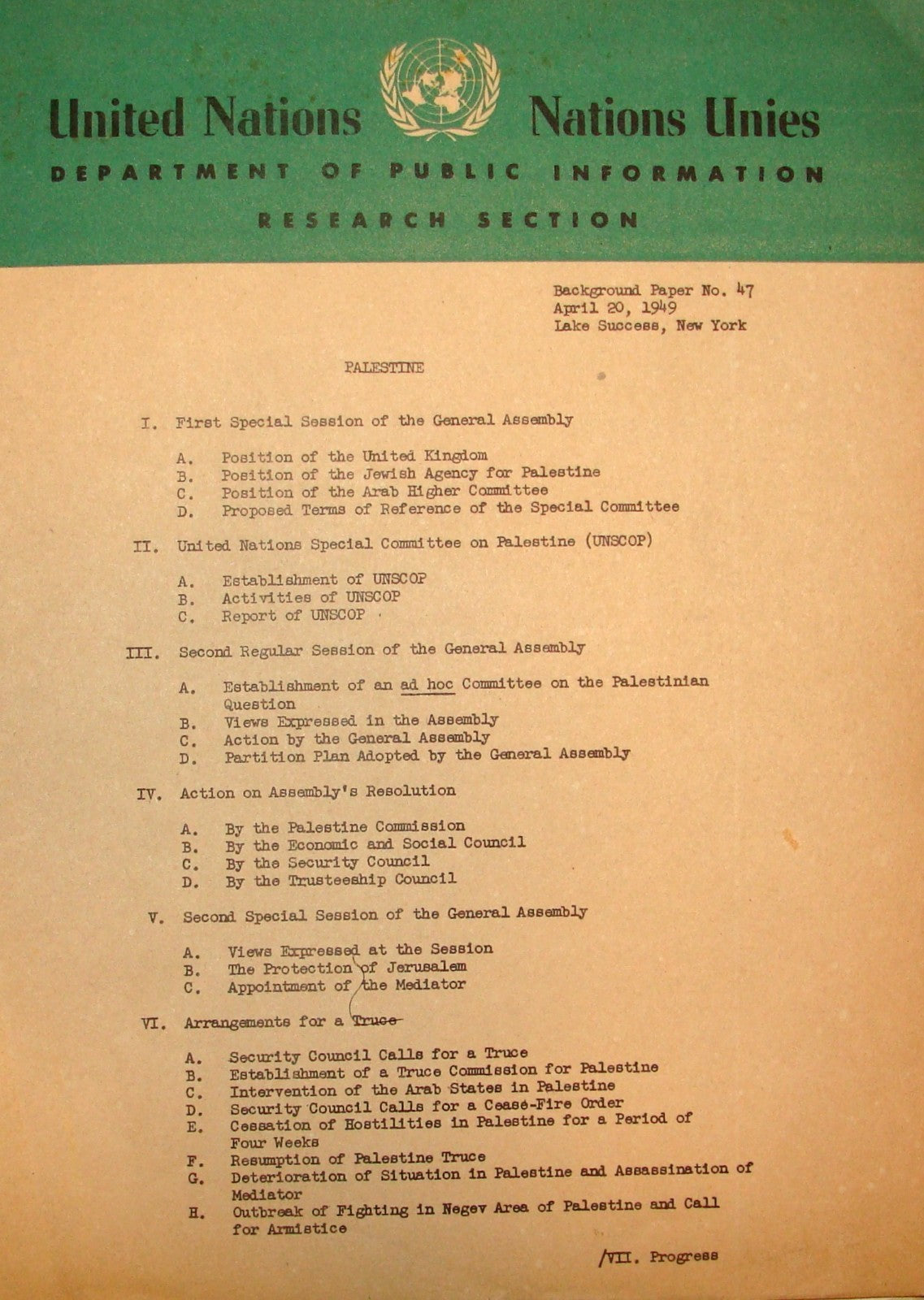 Report Palestine 1949 United Nations General Assembly Israel Jewish Arab War