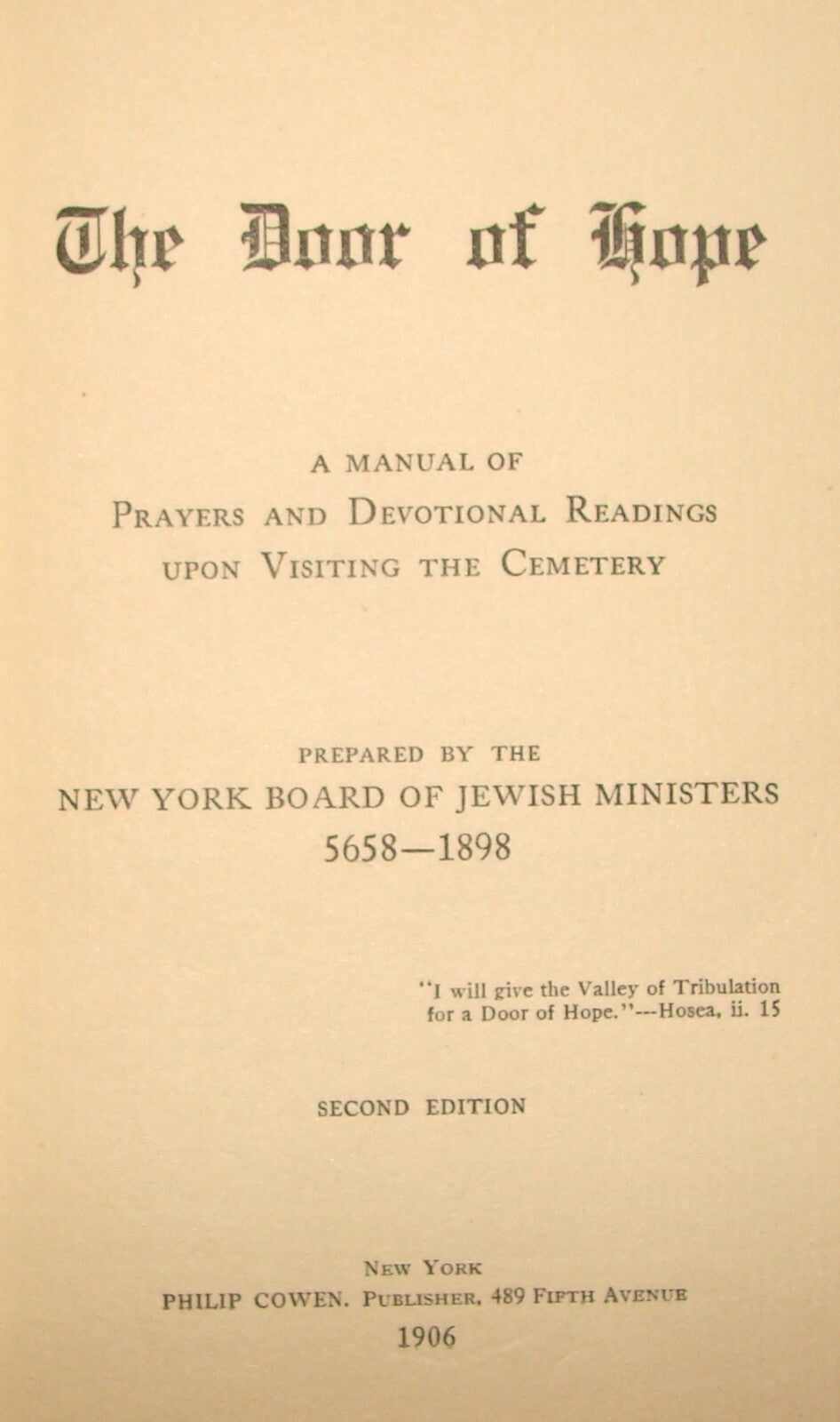 Book Jewish Judaica Antique 1906 DOOR OF Hope Cemetery Prayers Ministers NY USA