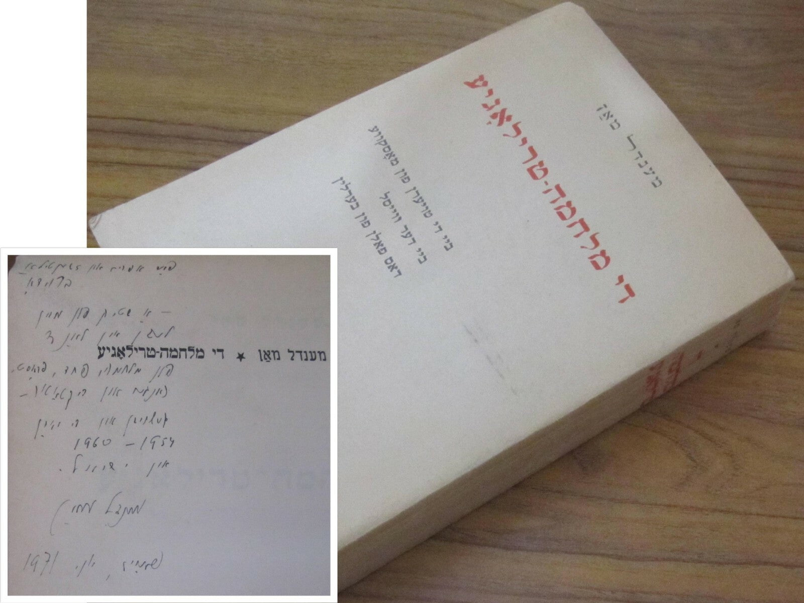 Book Judaica 1964 SIGNED Yiddish מענדל מאן די מלחמה-טרילאגיע on WW2 Dedication