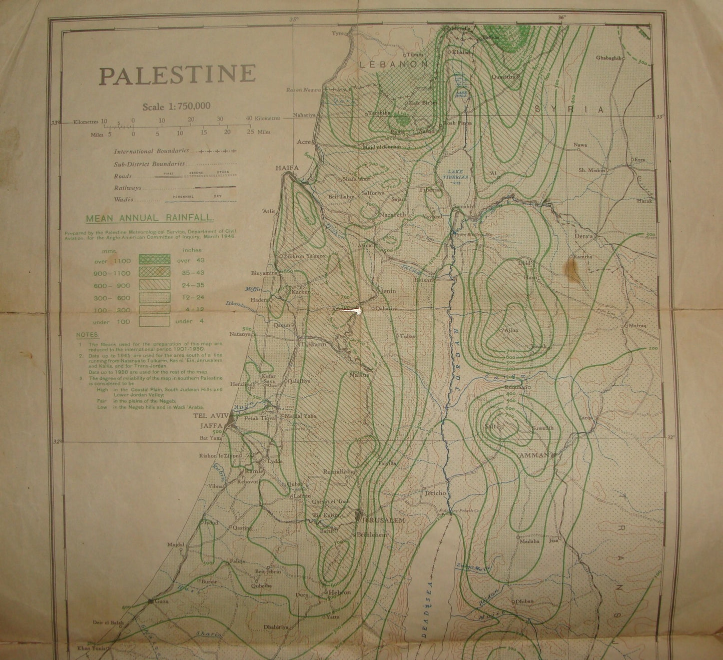 Map Palestine RARE Mean Annual Rainfall 1946, 1:750 000