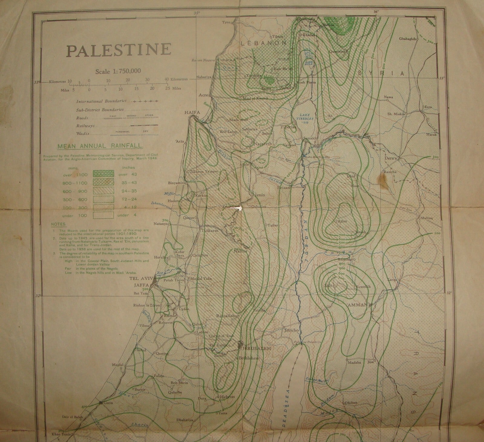 Map Palestine RARE Mean Annual Rainfall 1946, 1:750 000