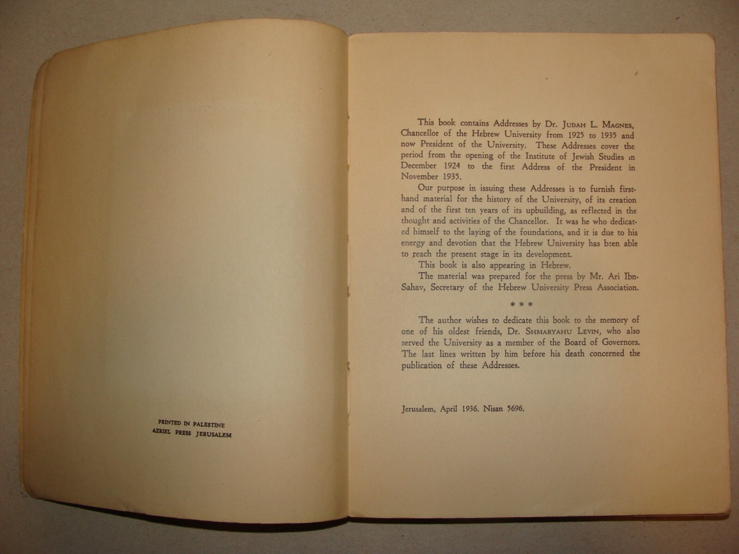 Book Jewish 1936 Palestine Israel Jerusalem Hebrew University Chancellor Magnes