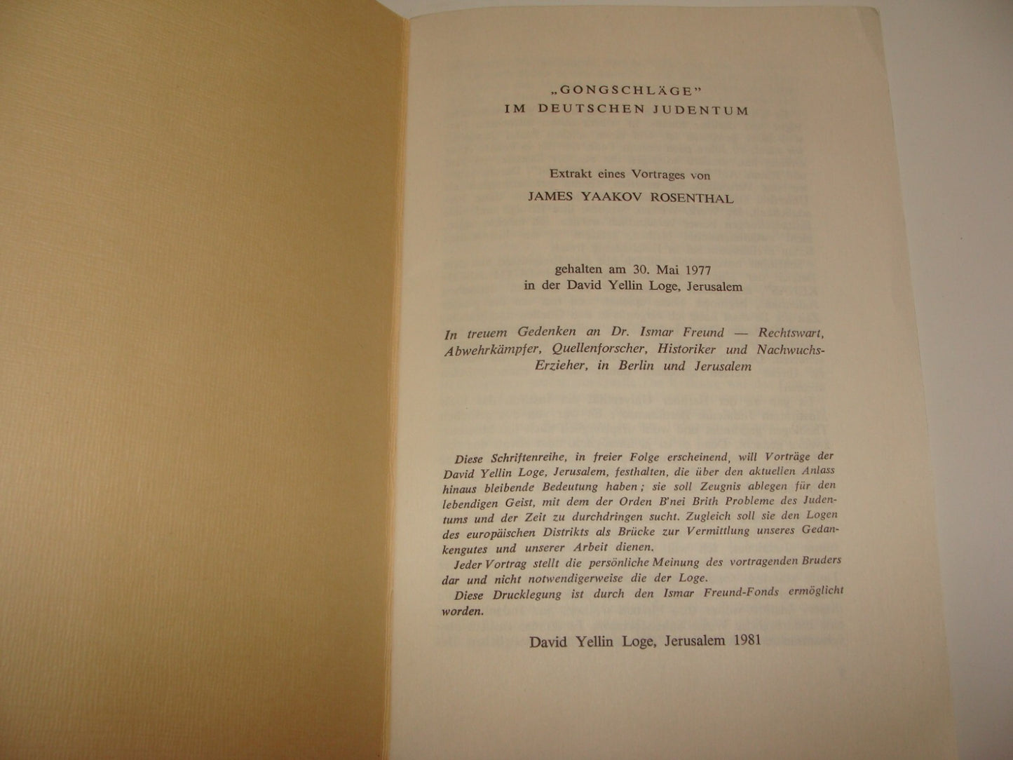 Jewish 1981 Israel Israeli Bnei Brith David Yellin Loge Masonic Style German