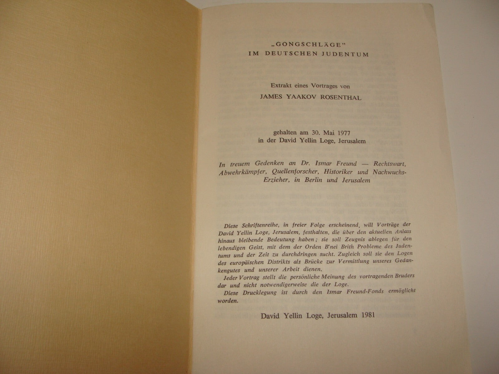 Jewish 1981 Israel Israeli Bnei Brith David Yellin Loge Masonic Style German