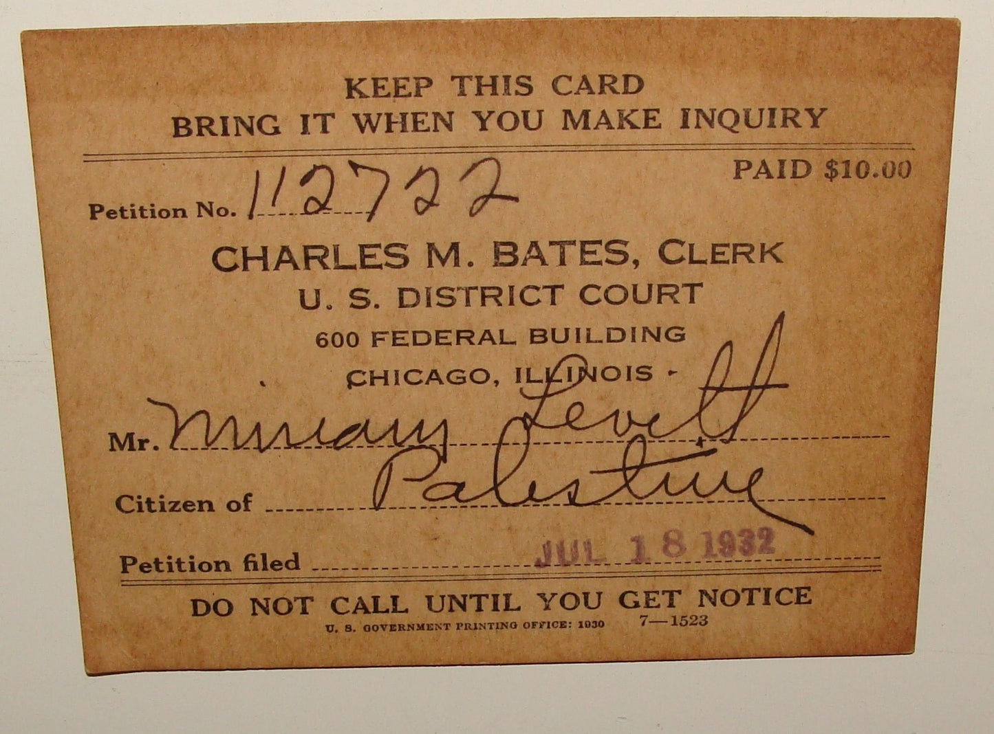 1932 Unites States Chicago District Court Clerk Business Card CHARLES BATES