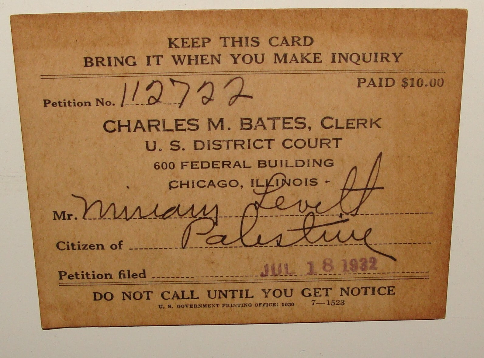 1932 Unites States Chicago District Court Clerk Business Card CHARLES BATES