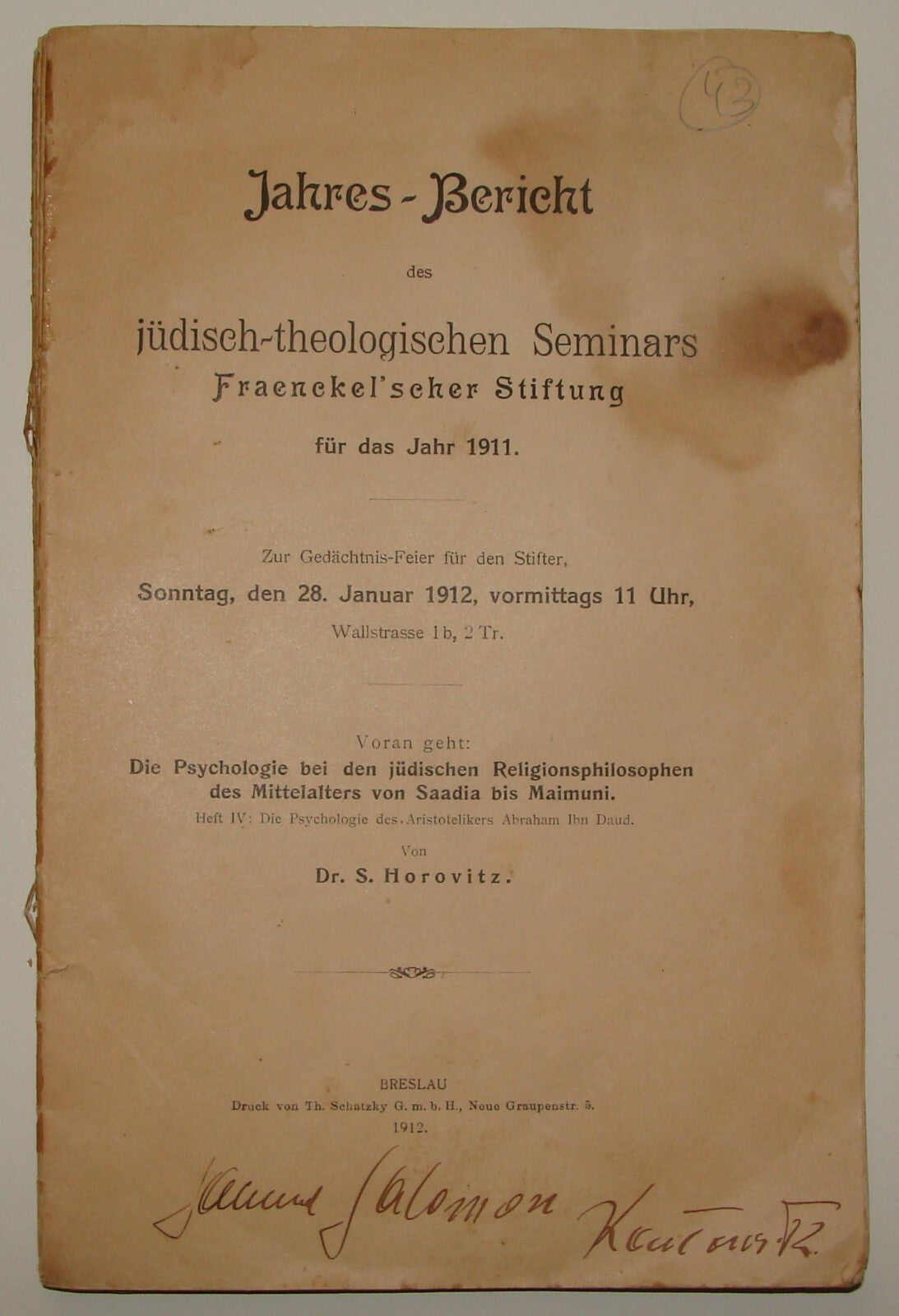 Germany Booklet Jewish Judaica Antique 1912 German   Breslau Rabbinical Seminar