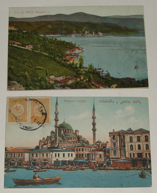 1910s TURKEY Color Photo Postcard x2 Stamp Istanbul Mosque Valide Bosphore