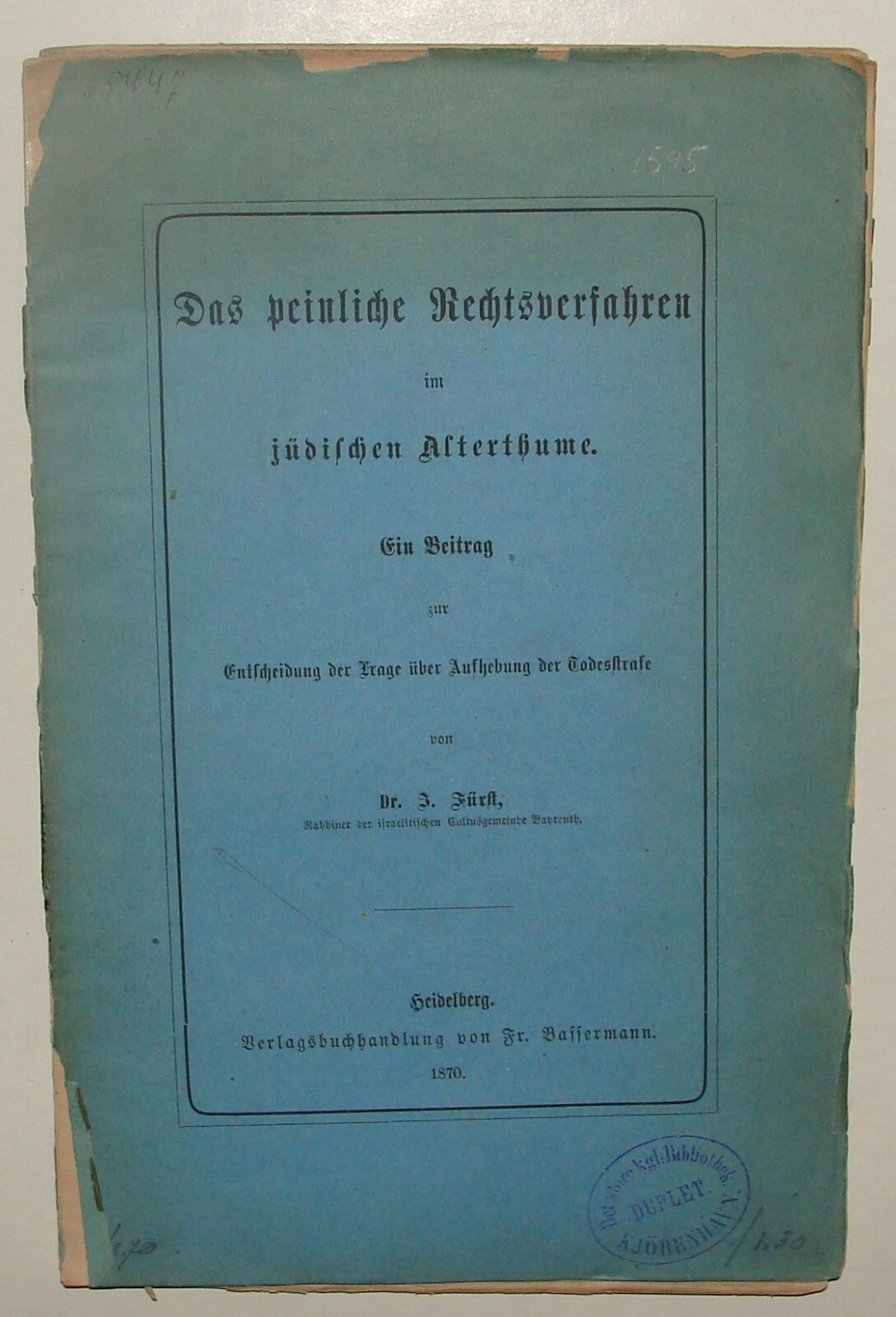 Germany Book Jewish RARE Judaica Antique 1870 German Rabbi Julius Furst History