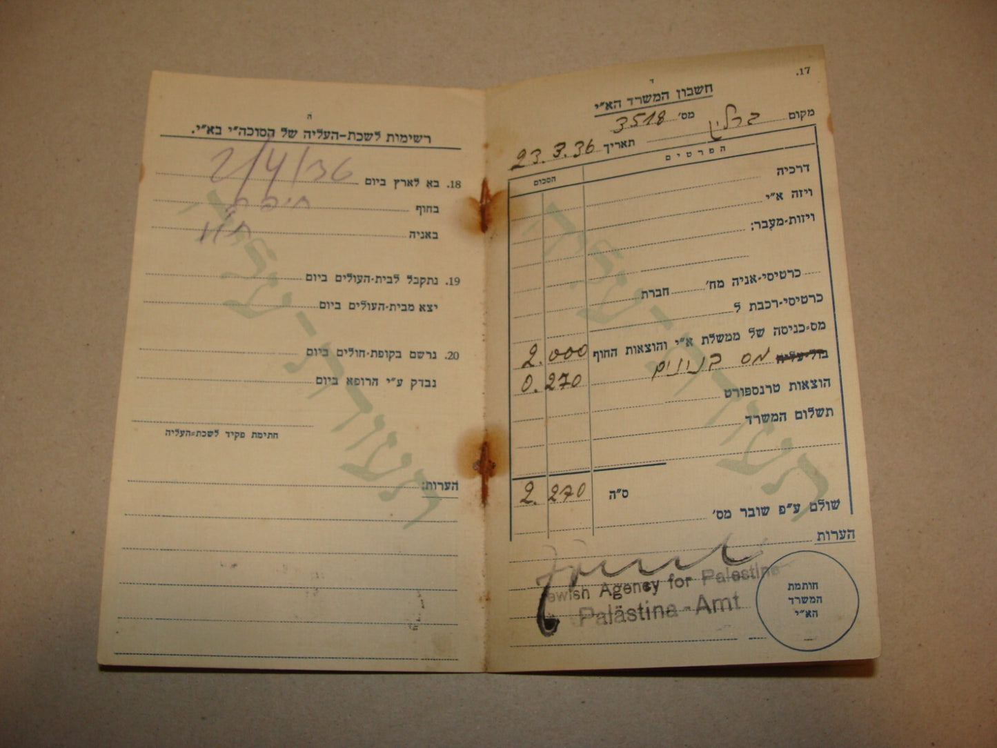 Jewish Agency Palestine Israel Warsaw Office German Immigrant Certificate Hebrew
