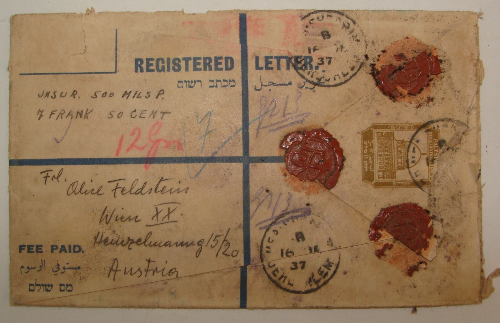 Stamp Palestine 1937 Israel Jerusalem To Austria Cover Red Cairo Italy Italia