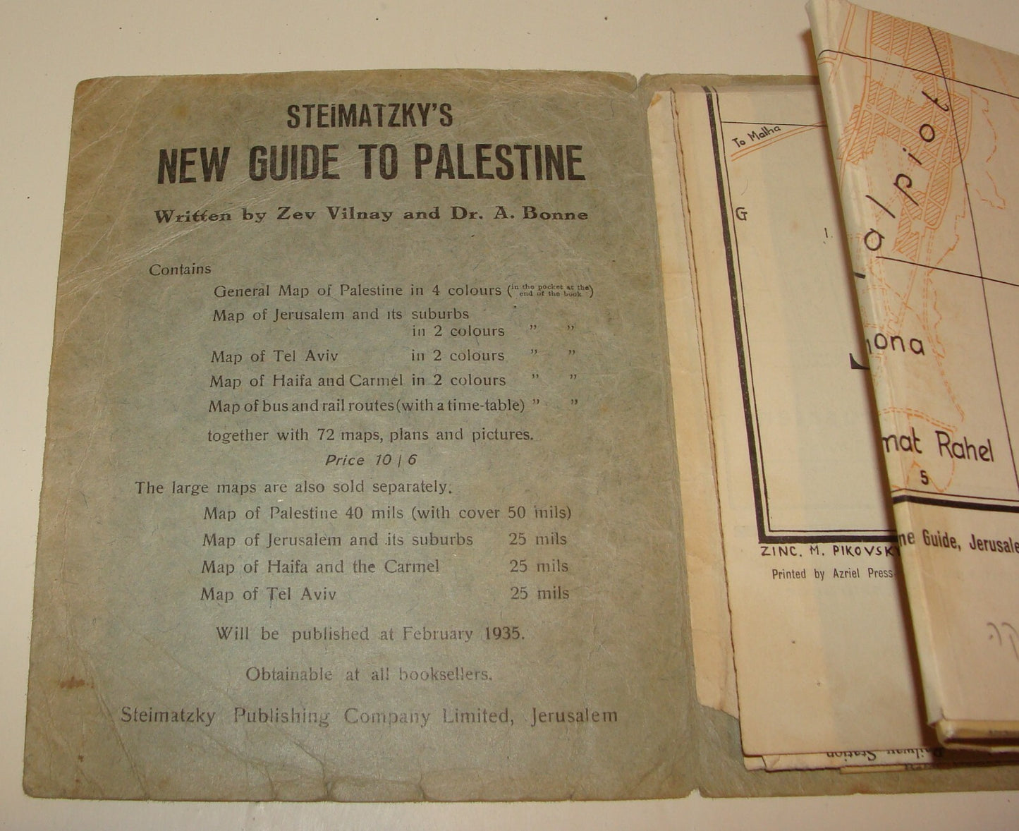 Map Palestine RARE Jewish Judaica 1940s Israel Jerusalem Steimatzky By Vilnai