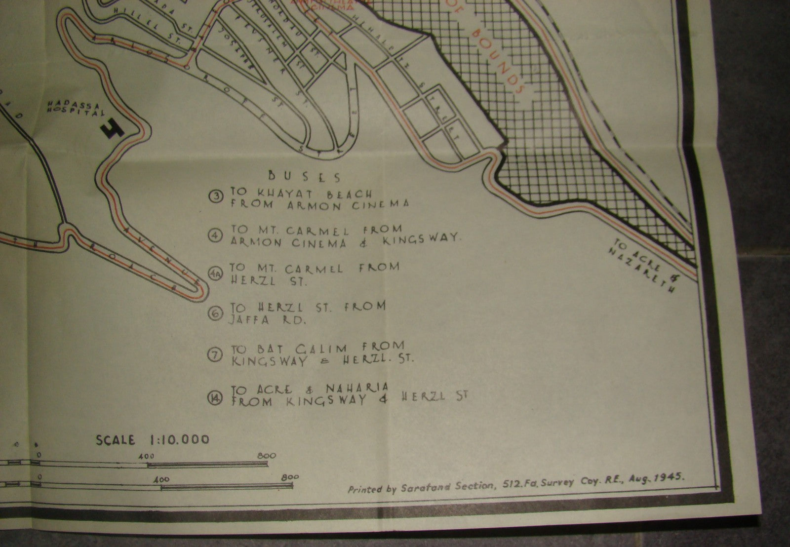 RARE Palestine Eretz Israel WW2 1945 British Army Sarafand Map Haifa Route Bus