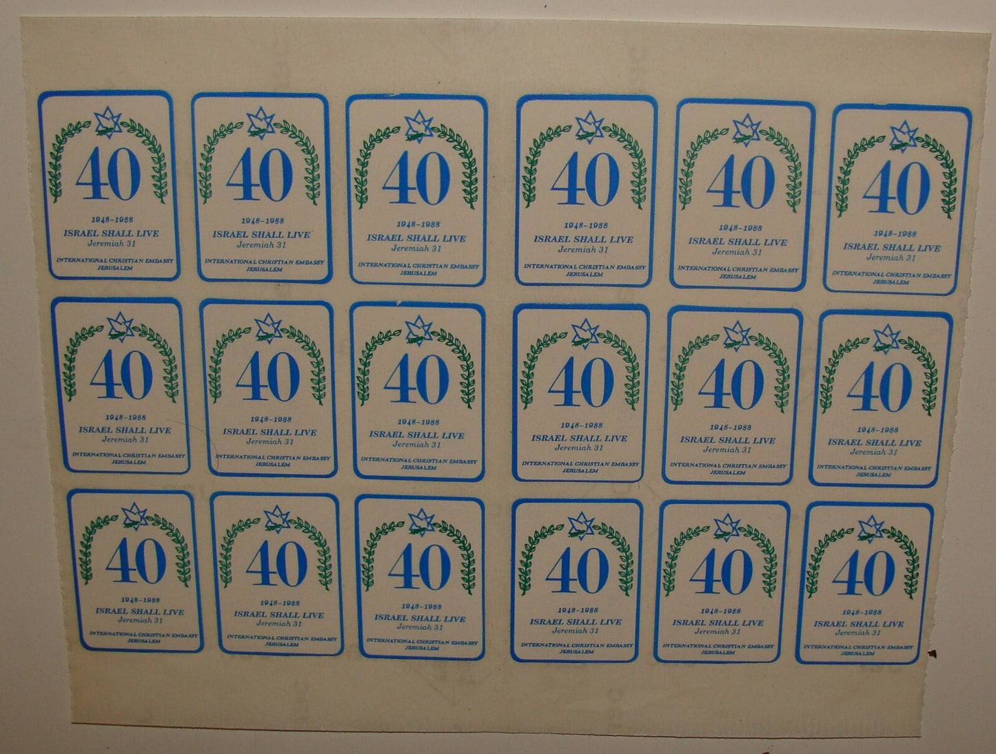 Jewish Judaica ISRAEL SHALL LIVE Stickers 1988 International Christian Embassy