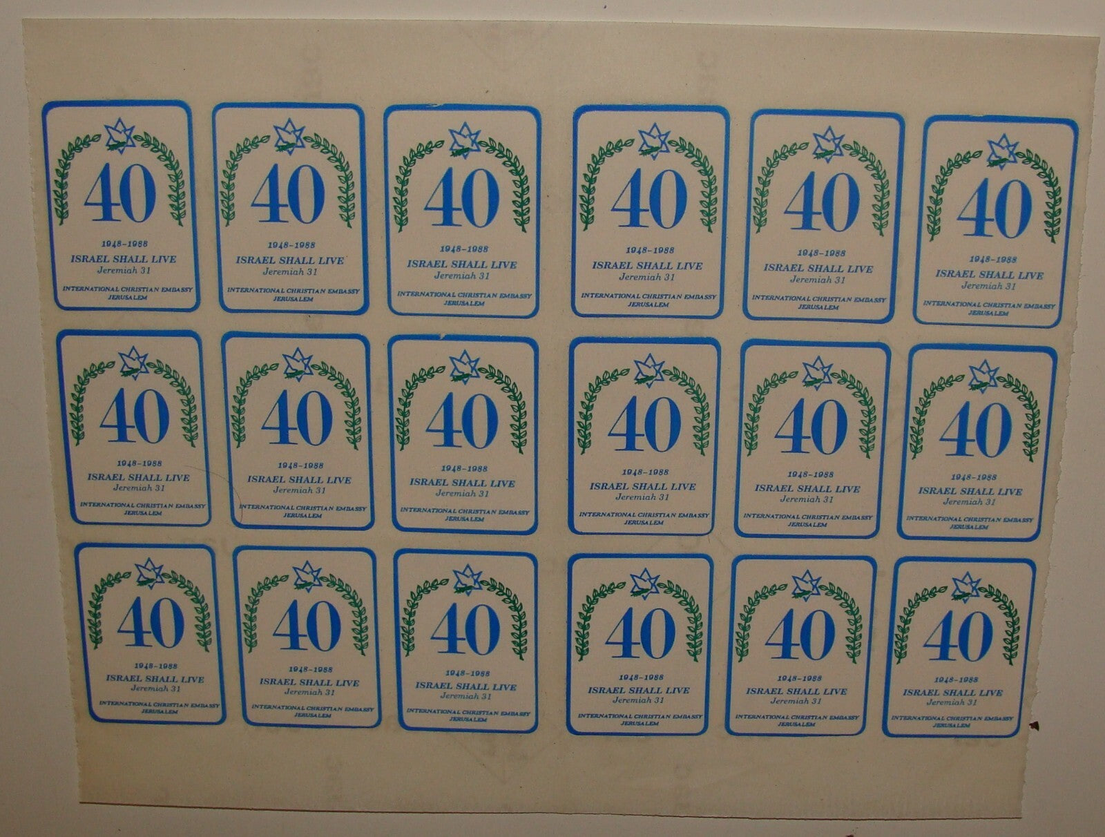 Jewish Judaica ISRAEL SHALL LIVE Stickers 1988 International Christian Embassy