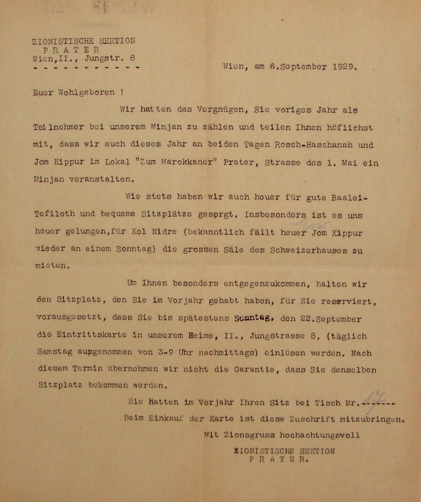 Letter Jewish Judaica 1929 Austria Vienna Religious Zionist Yom Kippur Prayer