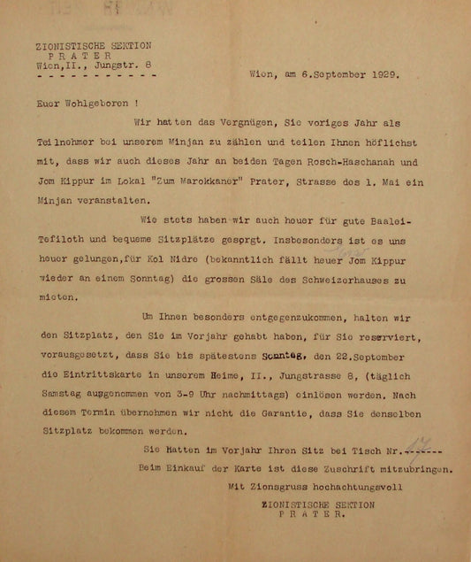 Letter Jewish Judaica 1929 Austria Vienna Religious Zionist Yom Kippur Prayer