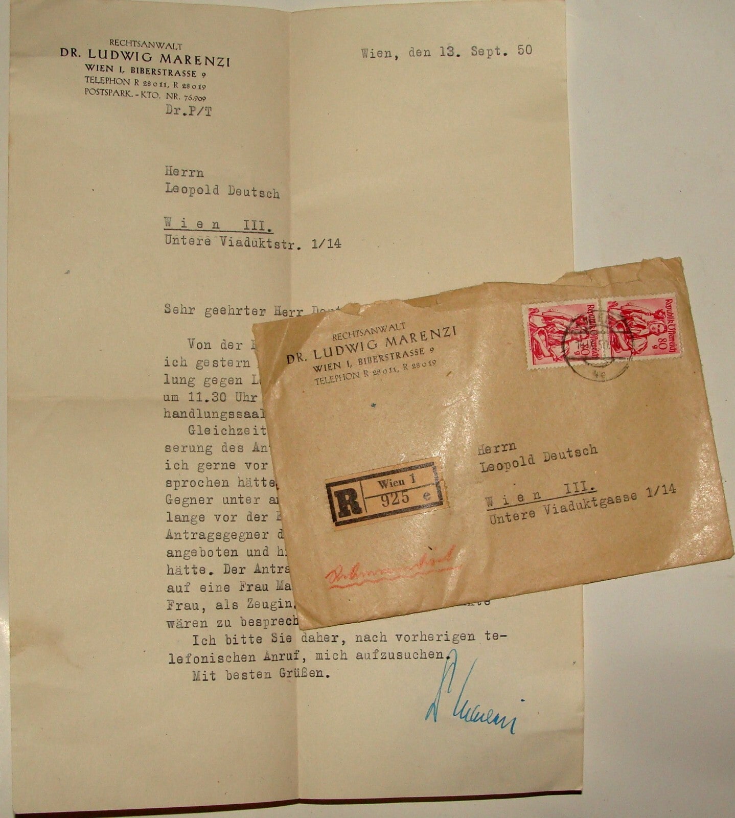 1950 Austria Wien Vienna Letter German Dr. LUDWIG MARENZI Lawyer