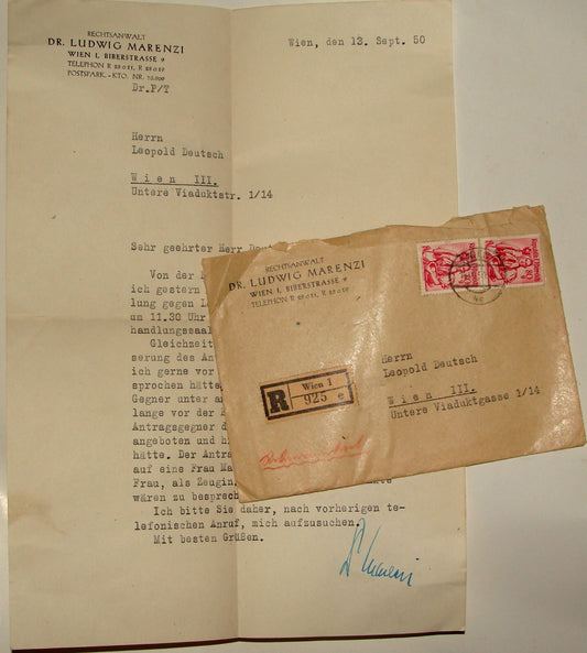 1950 Austria Wien Vienna Letter German Dr. LUDWIG MARENZI Lawyer