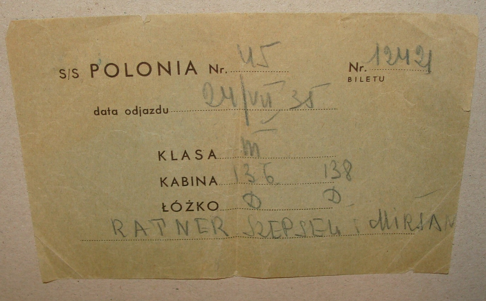 Ticket Palestine Jewish 1935 Poland POLONIA Immigrant Ship To Israel Card RATNER