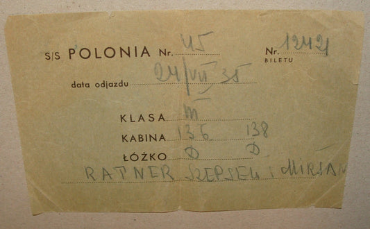 Ticket Palestine Jewish 1935 Poland POLONIA Immigrant Ship To Israel Card RATNER