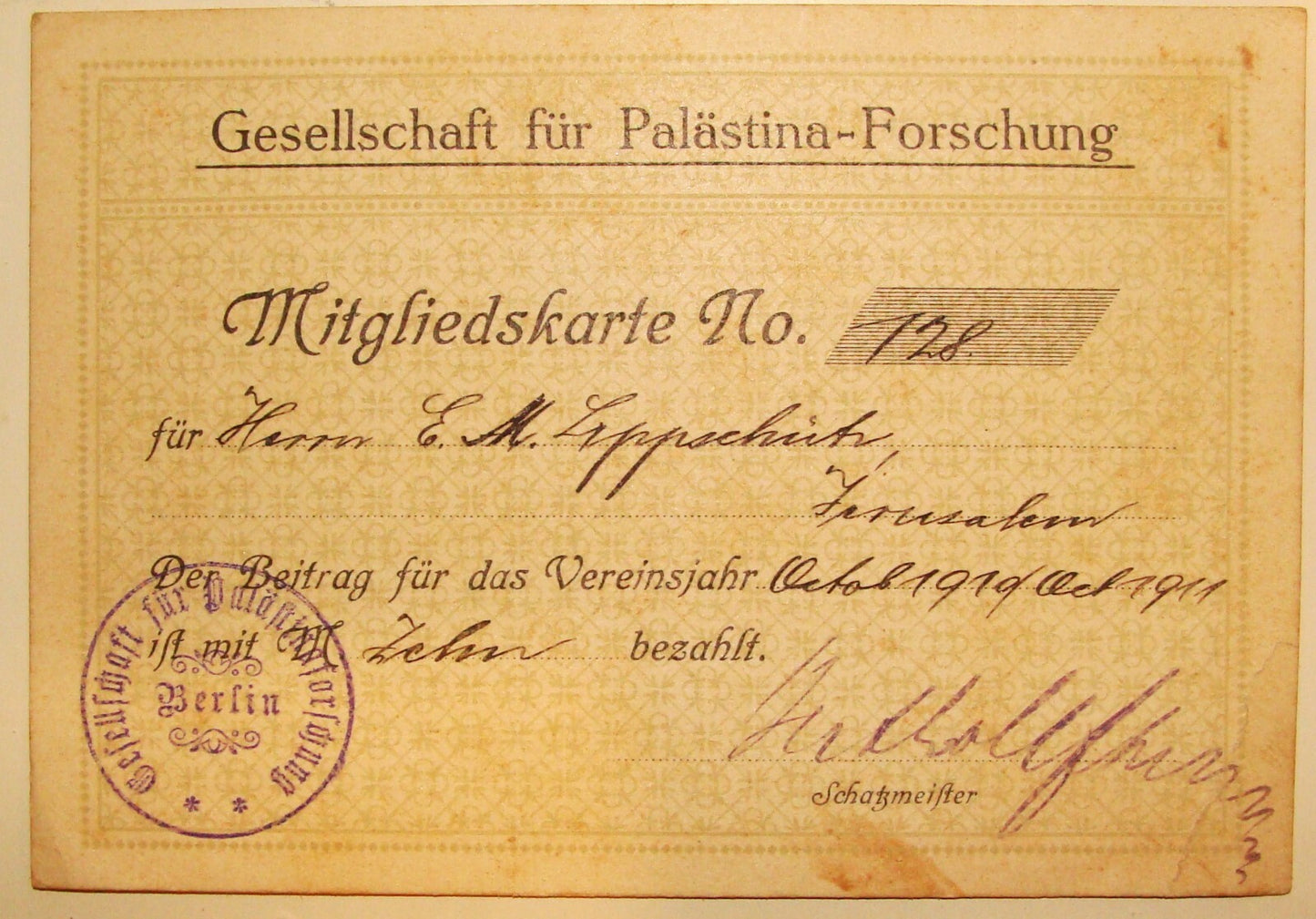 Germany Card Palestine RARE 1910s German Research Society Member Jewish Judaica