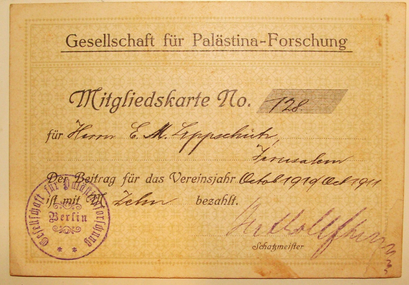 Germany Card Palestine RARE 1910s German Research Society Member Jewish Judaica