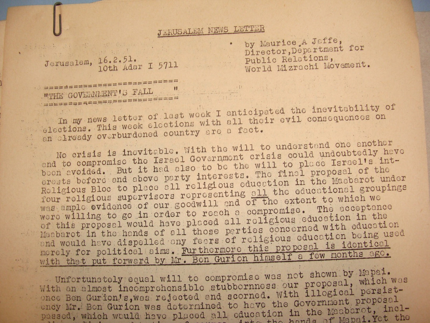 Letter Jewish RARE 1950-51 Israel Rabbi MAURICE JAFFE Jerusalem News x6 Zionist