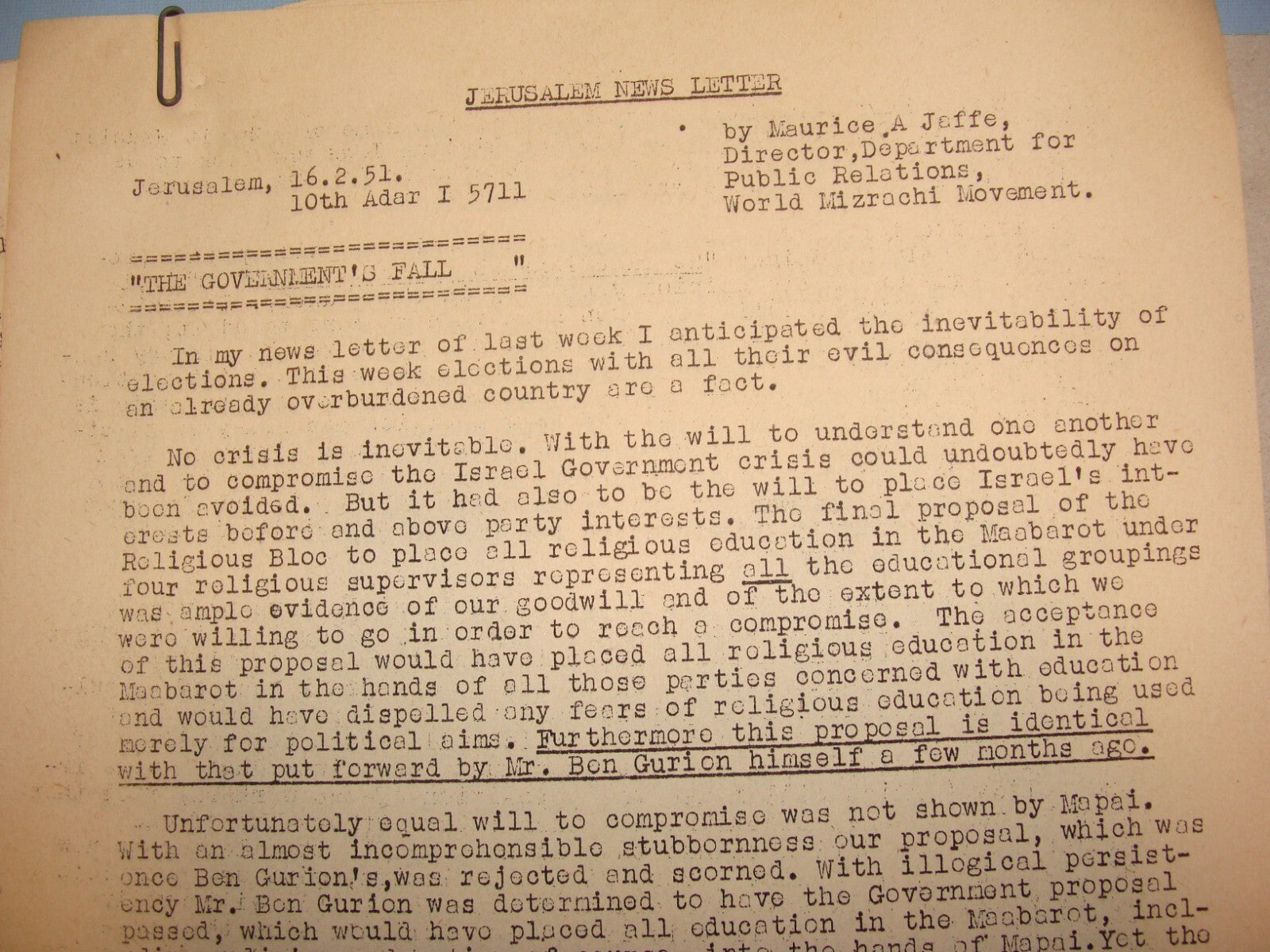 Letter Jewish RARE 1950-51 Israel Rabbi MAURICE JAFFE Jerusalem News x6 Zionist