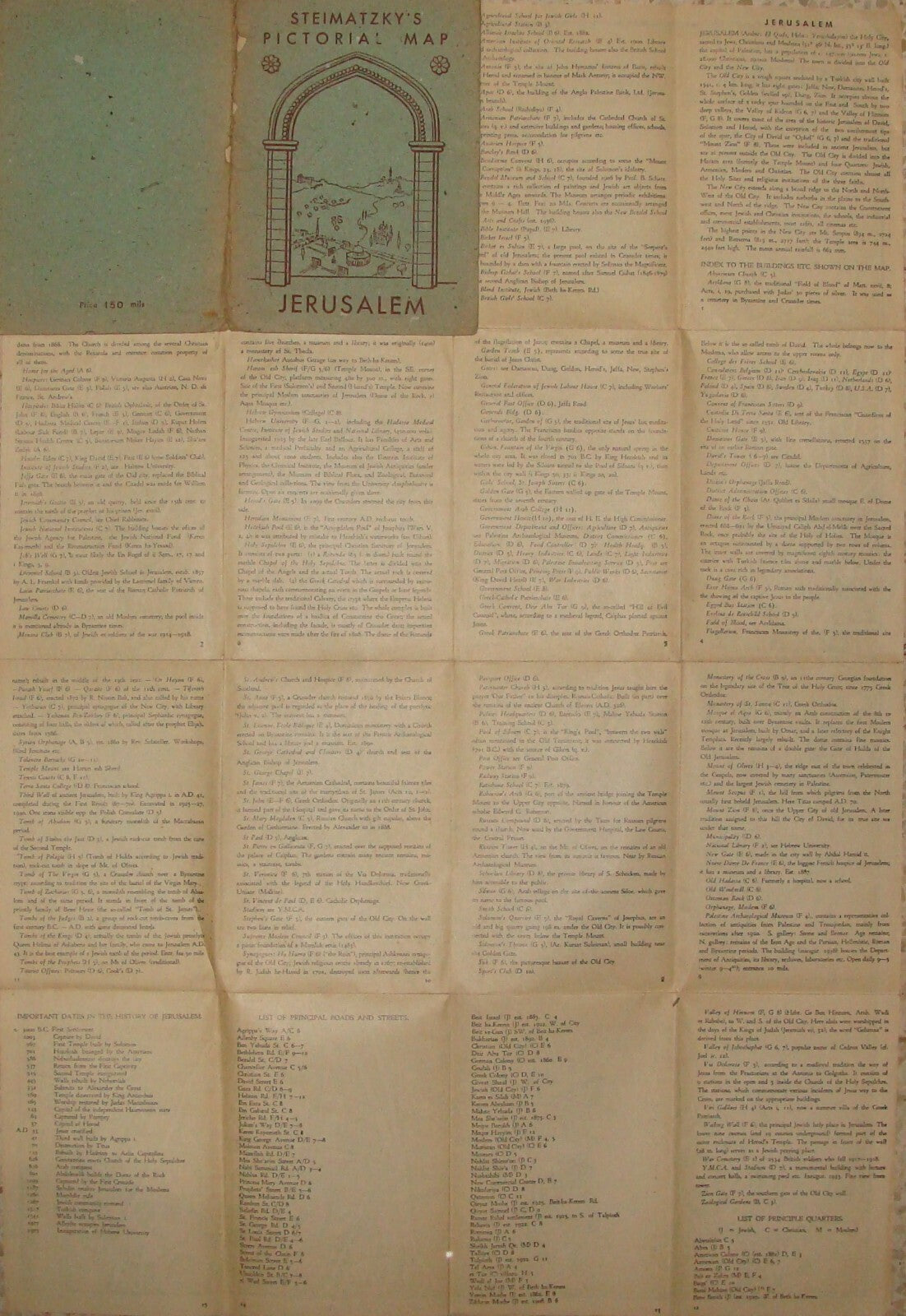 RARE 1941 Steimatzky’s Pictorial Map Jerusalem Palestine Israel Monson Litho