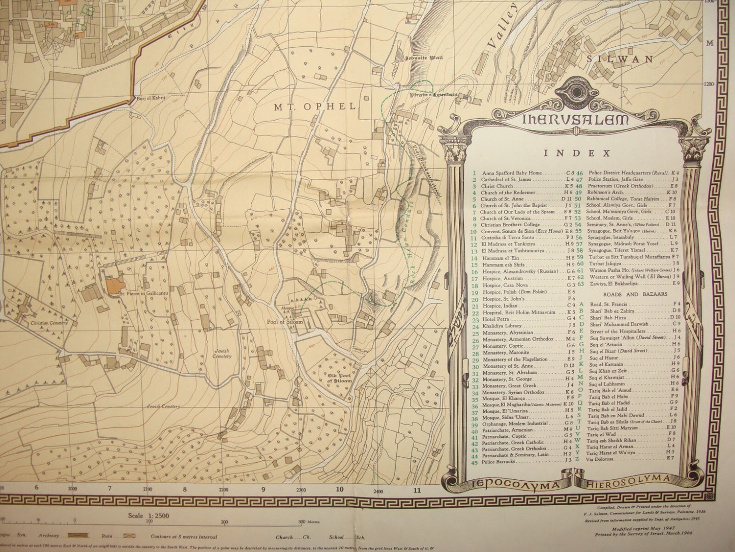 Map Jewish RARE Judaica Israel 1947 JERUSALEM Old City F .J. SALMON Print 1966