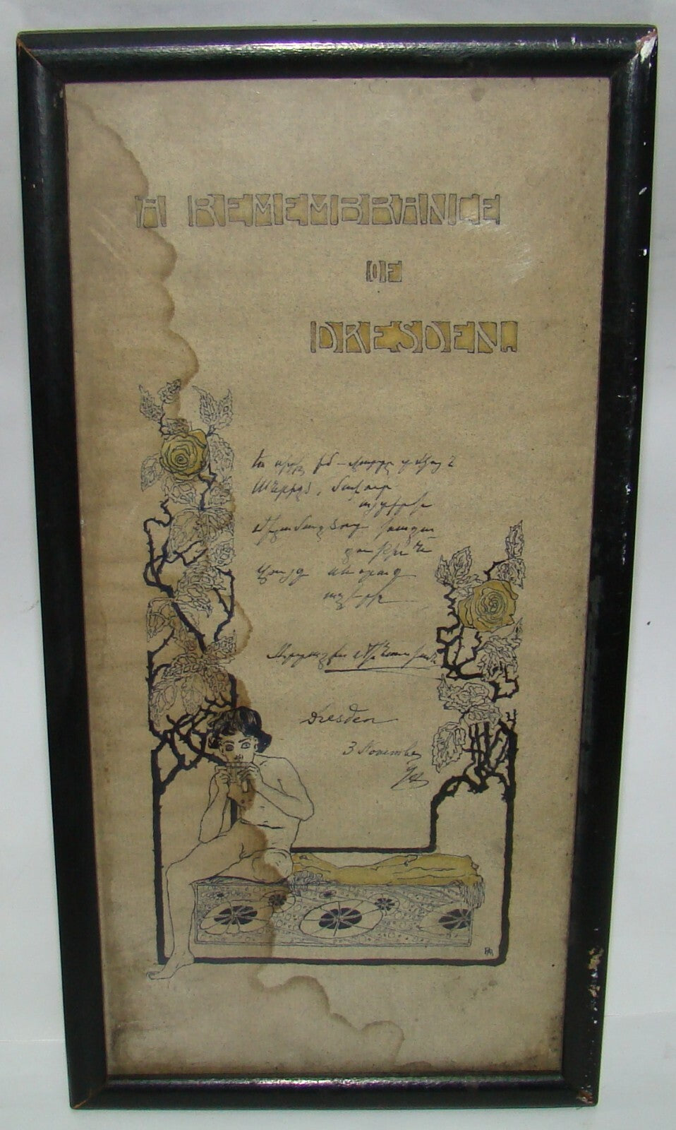 Antique Hand Painted Art Nouveau A REMEMBRANCE OF DRESDEN Drawing Berthon Style