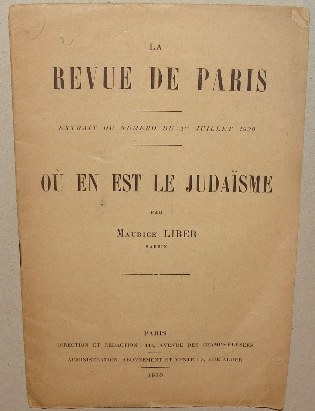 Booklet Jewish Judaica France French LA REVUE DE PARIS Rabbi Maurice Liber