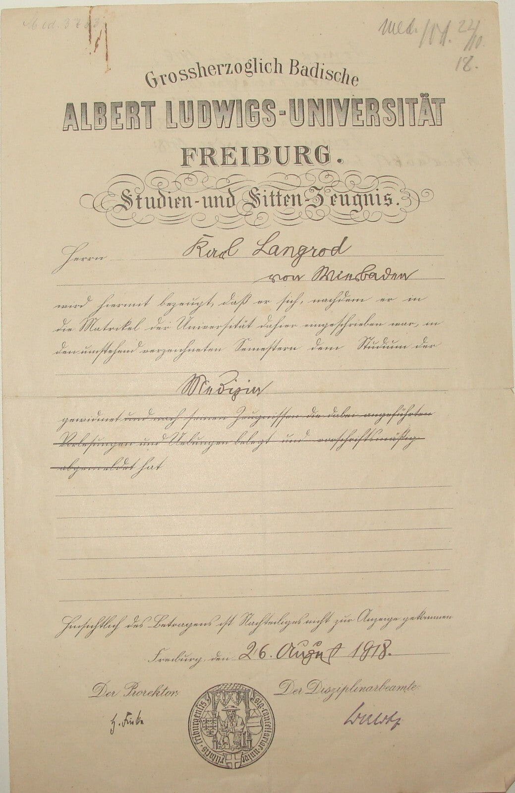 Germany 1918 Albert Ludwigs Universitat German   Freiburg University Certificate