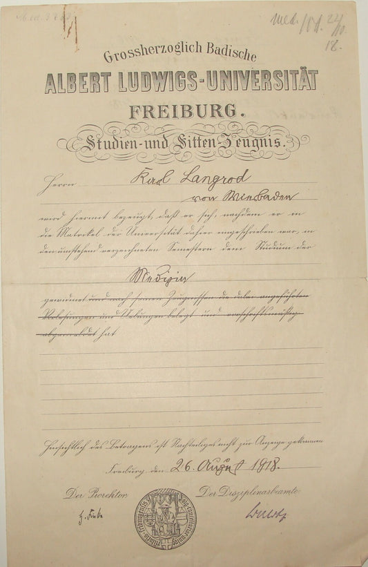 Germany 1918 Albert Ludwigs Universitat German   Freiburg University Certificate