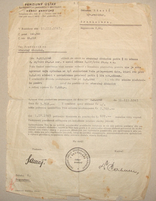 Letter Jewish Judaica WWII 1943 Slovakia Bratislava LASZLO HERMANN