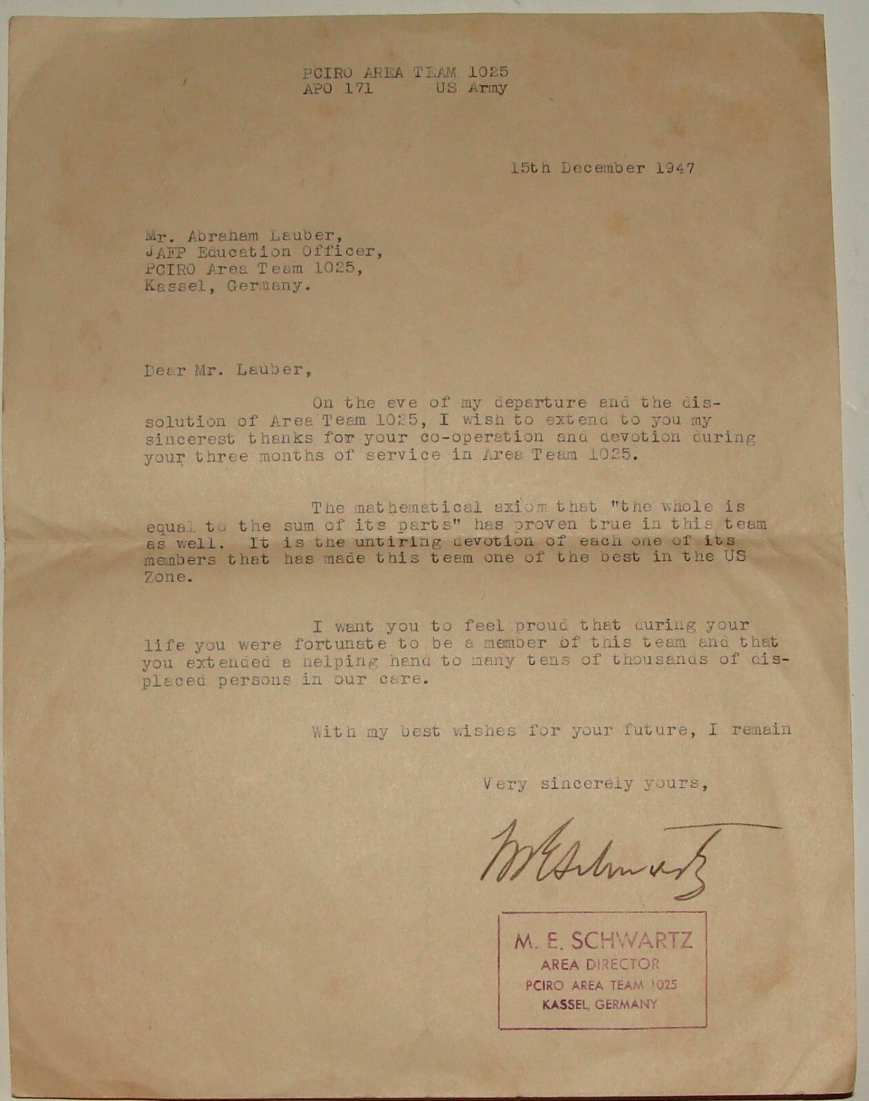 $ Germany Letter Jewish 1947 WWII   Kassel American PCIRO Refugees SCHWARZ