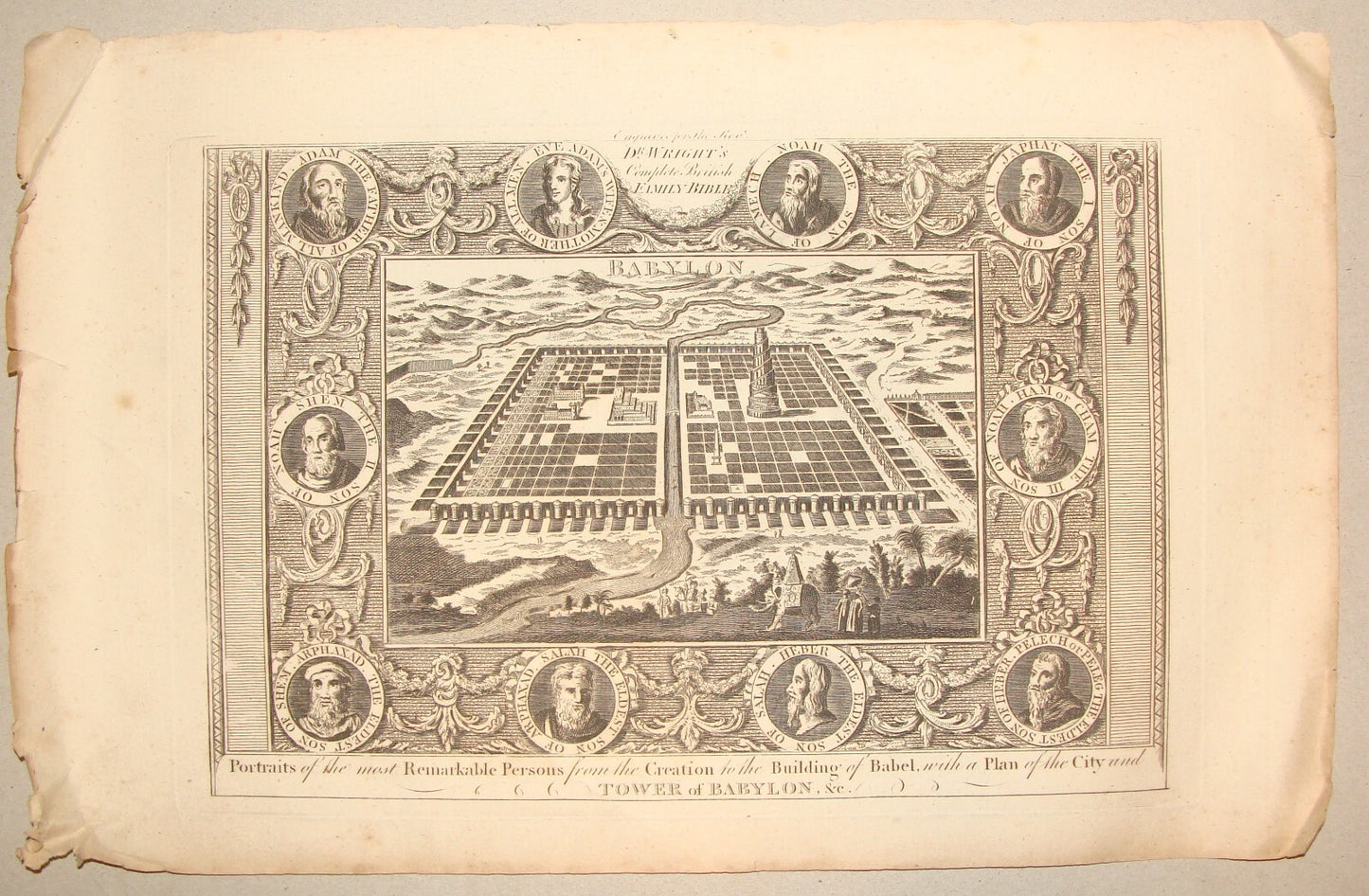 Antique TOWER OF BABYLON Engraving British Family Bible Paul Wright