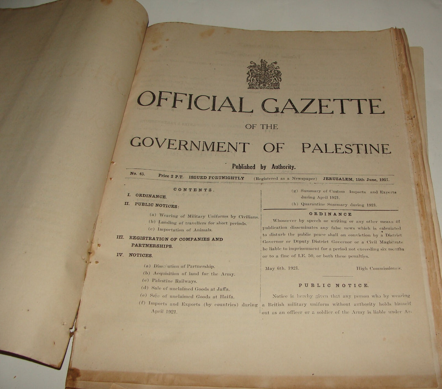 Pol Newspaper Palestine RARE British Government of Gazette 1921 ENGLISH & HEBREW
