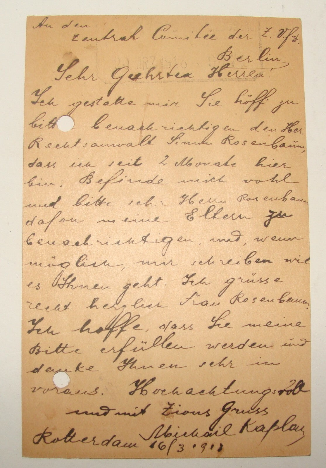 Germany Letter Jewish Judaica 1917 Zionist Bureau German Berlin Rotterdam KAPLAN